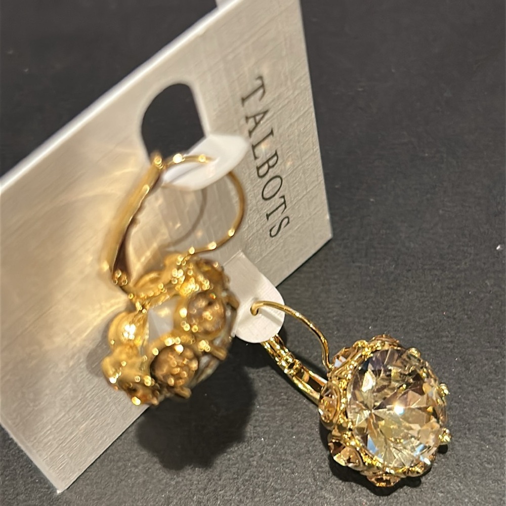 Talbots Yellow Gold Tone Encrusted Bezel Crystal Drop Earrings with Lever back - Picture 5 of 7